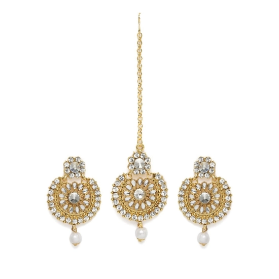 Generic Women's Rose Gold Plated Alloy Kundan Earrings & Mangtikka (White) Generic Women's Rose Gold Plated Alloy Kundan Earrings & Mangtikka (White)