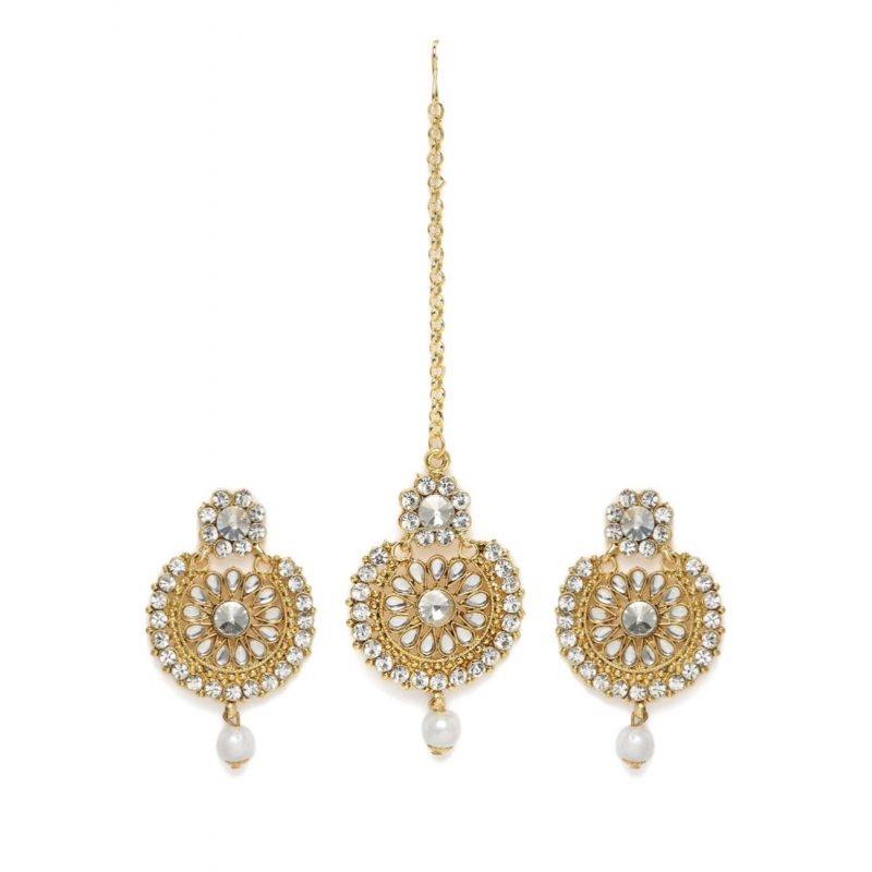 Generic Women's Rose Gold Plated Alloy Kundan Earrings &amp; Mangtikka (White)
