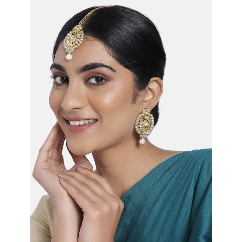 Generic Women's Rose Gold Plated Alloy Kundan Earrings &amp; Mangtikka (White)