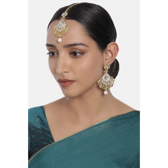 Generic Women's Rose Gold Plated Alloy Kundan Earrings &amp; Mangtikka (White)