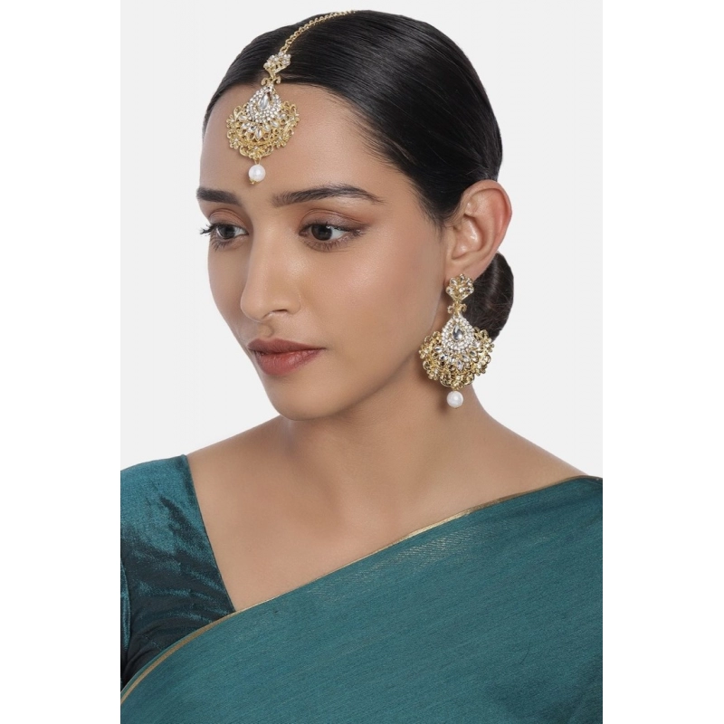 Generic Women's Rose Gold Plated Alloy Kundan Earrings &amp; Mangtikka (White)