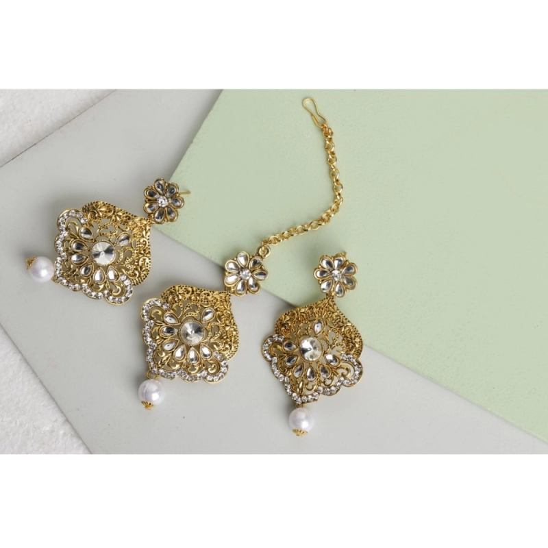 Generic Women's Rose Gold Plated Alloy Kundan Earrings &amp; Mangtikka (White)