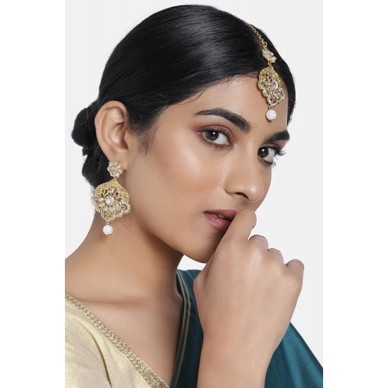 Generic Women's Rose Gold Plated Alloy Kundan Earrings & Mangtikka (White) Generic Women's Rose Gold Plated Alloy Kundan Earrings & Mangtikka (White)
