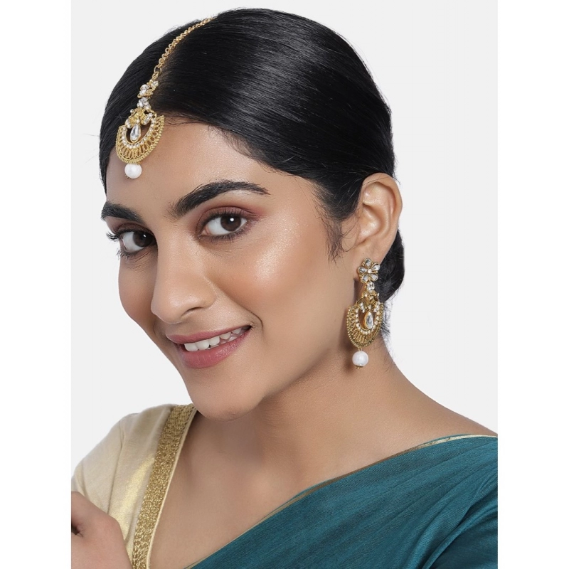 Generic Women's Rose Gold Plated Alloy Kundan Earrings &amp; Mangtikka (White)