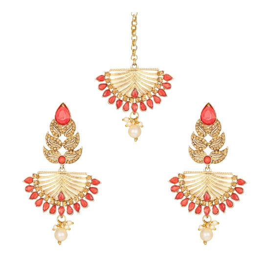 Generic Women's Rose Gold Plated Alloy Kundan Earrings &amp; Mangtikka (Gold &amp; Red)