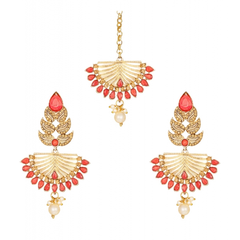 Generic Women's Rose Gold Plated Alloy Kundan Earrings &amp; Mangtikka (Gold &amp; Red)