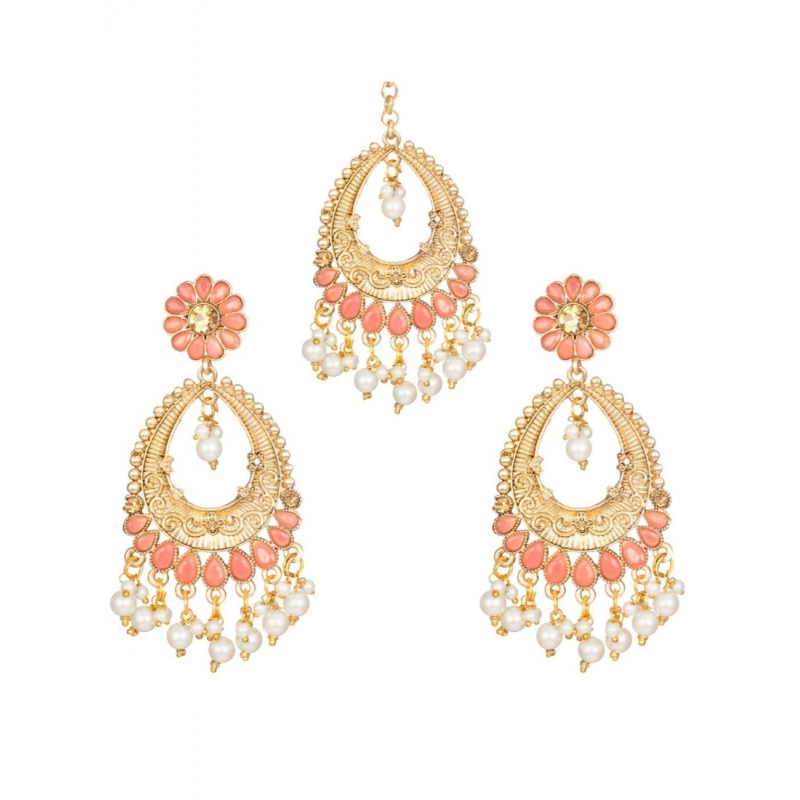 Generic Women's Rose Gold Plated Alloy Kundan Earrings &amp; Mangtikka (Pink)