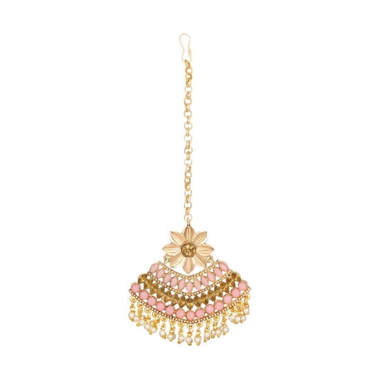 Generic Women's Rose Gold Plated Alloy Kundan Earrings & Mangtikka (Pink) Generic Women's Rose Gold Plated Alloy Kundan Earrings & Mangtikka (Pink)