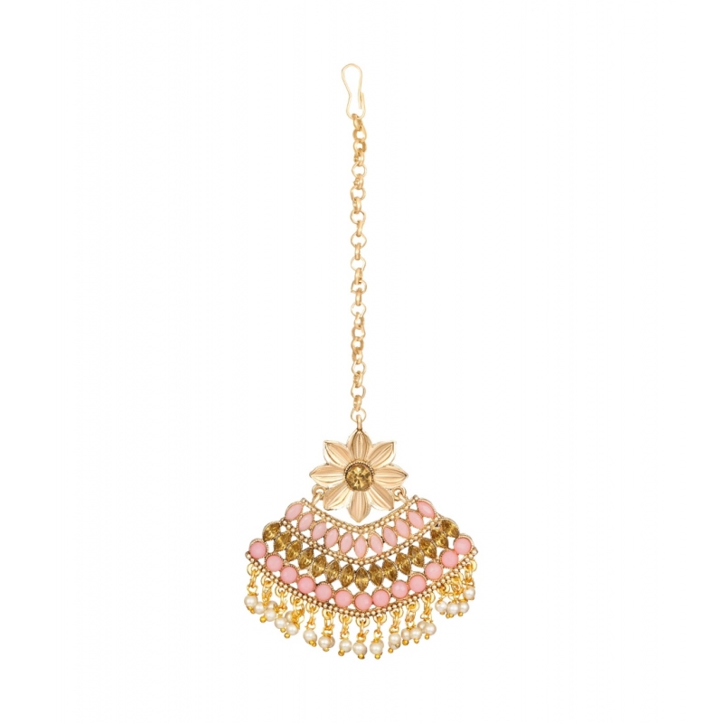 Generic Women's Rose Gold Plated Alloy Kundan Earrings &amp; Mangtikka (Pink)