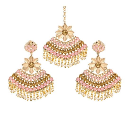 Generic Women's Rose Gold Plated Alloy Kundan Earrings & Mangtikka (Pink) Generic Women's Rose Gold Plated Alloy Kundan Earrings & Mangtikka (Pink)