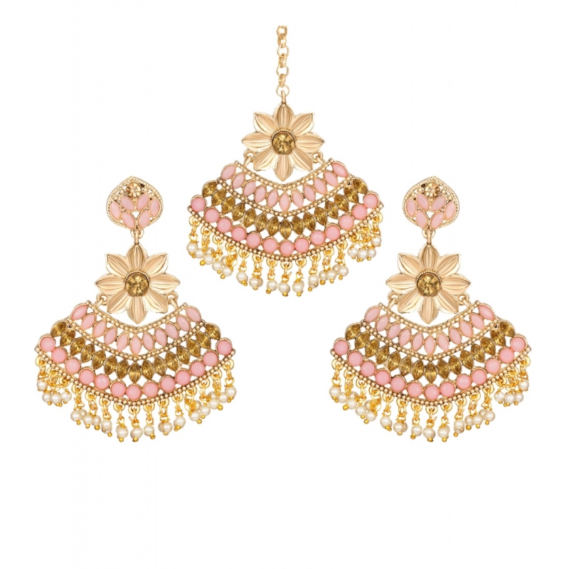 Generic Women's Rose Gold Plated Alloy Kundan Earrings &amp; Mangtikka (Pink)