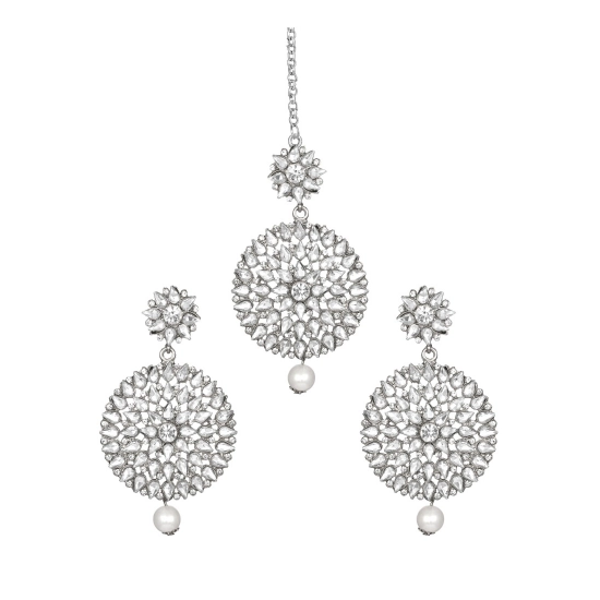 Generic Women's Rose Gold Plated Alloy Kundan Earrings & Mangtikka (White) Generic Women's Rose Gold Plated Alloy Kundan Earrings & Mangtikka (White)