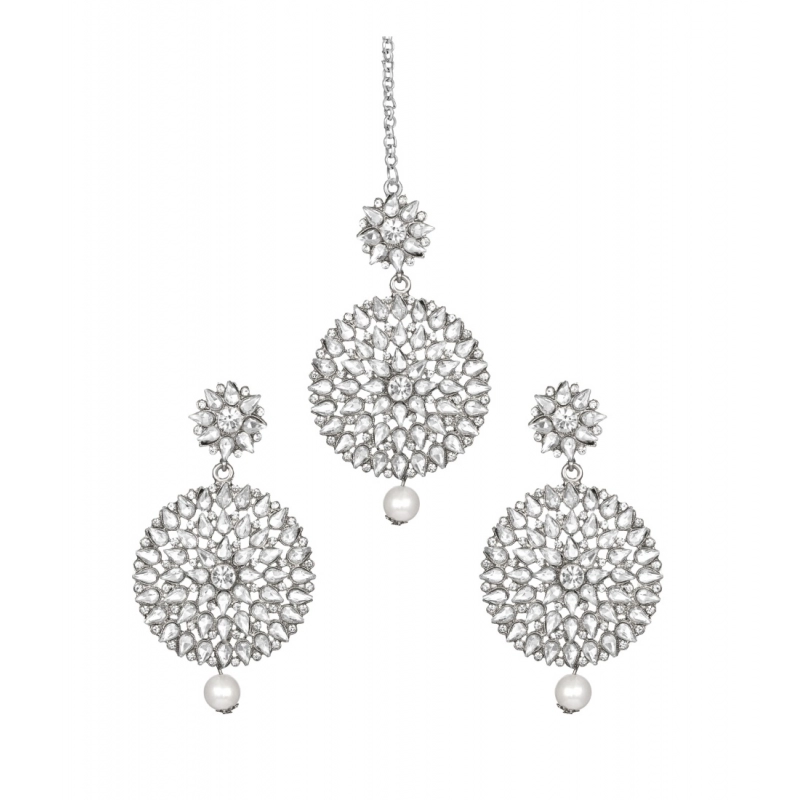 Generic Women's Rose Gold Plated Alloy Kundan Earrings &amp; Mangtikka (White)