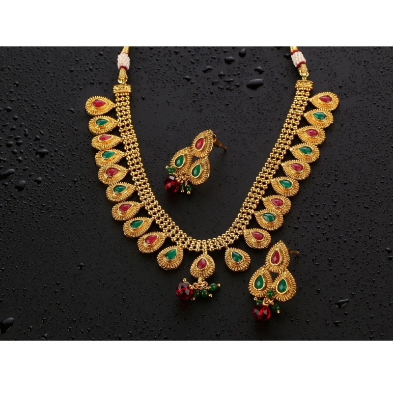 Generic Women's Rose Gold Plated Alloy Choker Necklace Set (Green &amp; Red)