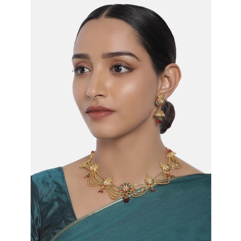Generic Women's Rose Gold Plated Alloy Necklace Set (Green &amp; Red)