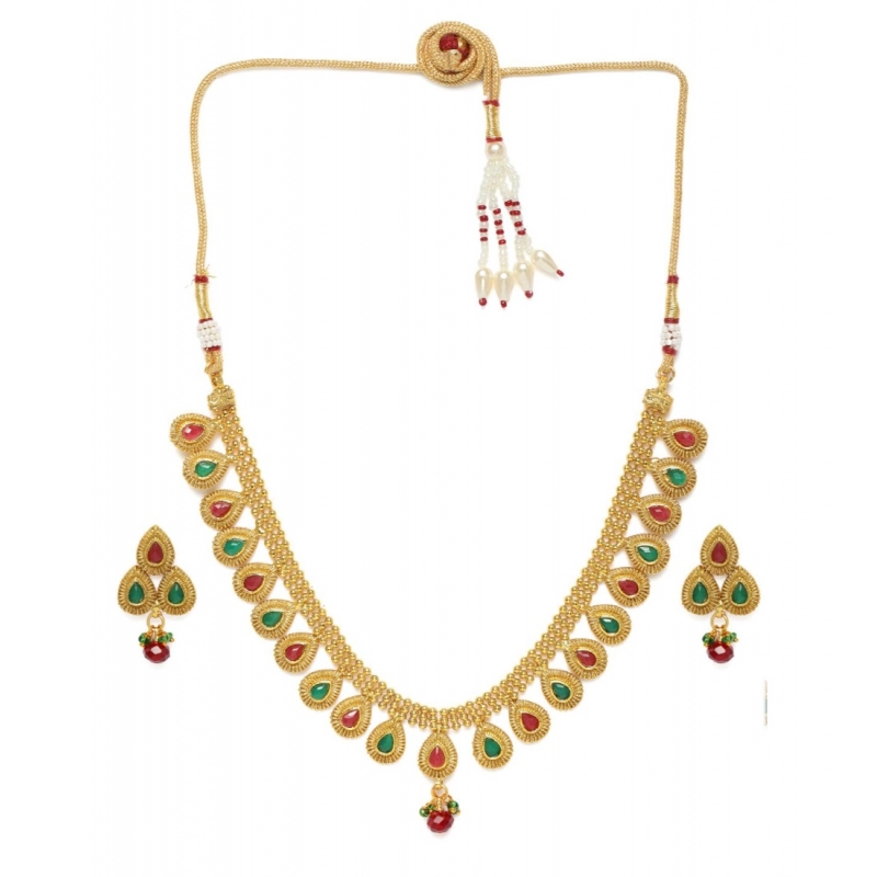 Generic Women's Rose Gold Plated Alloy Choker Necklace Set (Green &amp; Red)