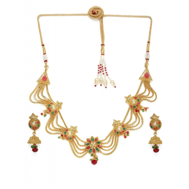 Generic Women's Rose Gold Plated Alloy Necklace Set (Green &amp; Red)