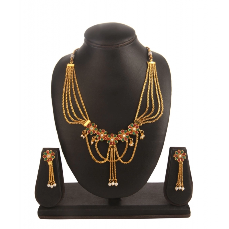 Generic Women's Rose Gold Plated Alloy Necklace Set (Green &amp; Red)