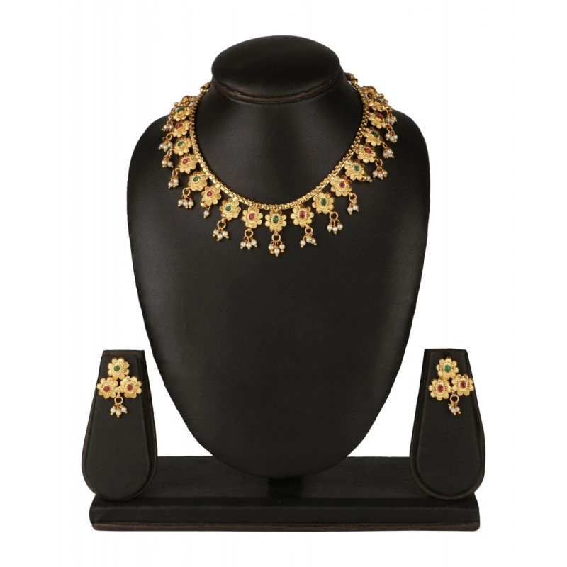 Generic Women's Rose Gold Plated Alloy Necklace &amp; Earings Set (Green &amp; Red)