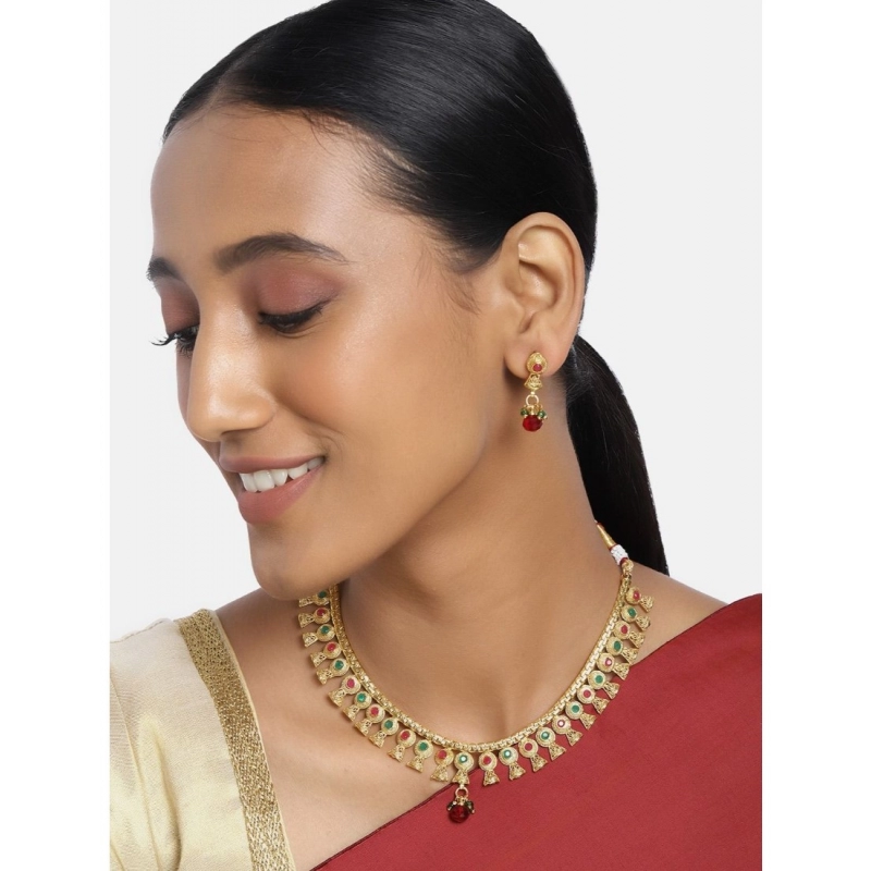 Generic Women's Rose Gold Plated Alloy Necklace &amp; Earings Set (Green &amp; Red)