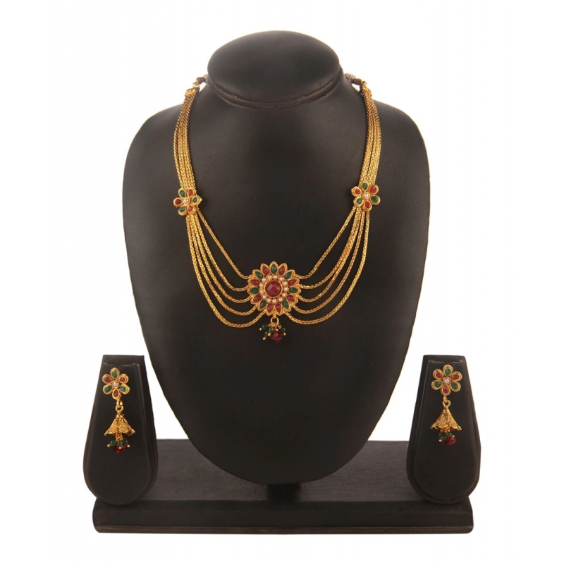 Generic Women's Rose Gold Plated Alloy Necklace &amp; Earings Set (Green &amp; Red)