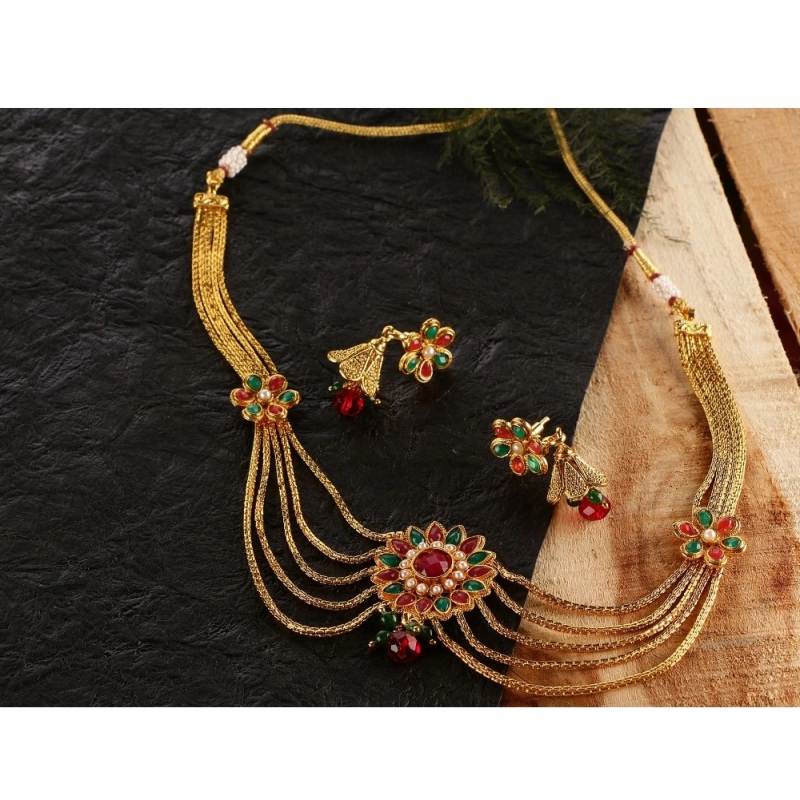 Generic Women's Rose Gold Plated Alloy Necklace &amp; Earings Set (Green &amp; Red)