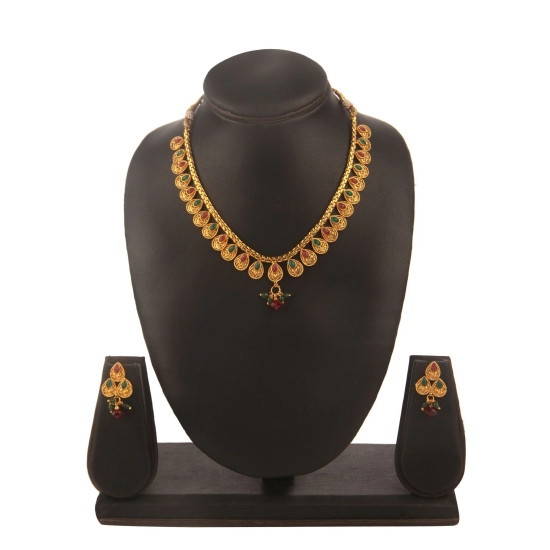 Generic Women's Rose Gold Plated Alloy Necklace &amp; Earings Set (Green &amp; Red)