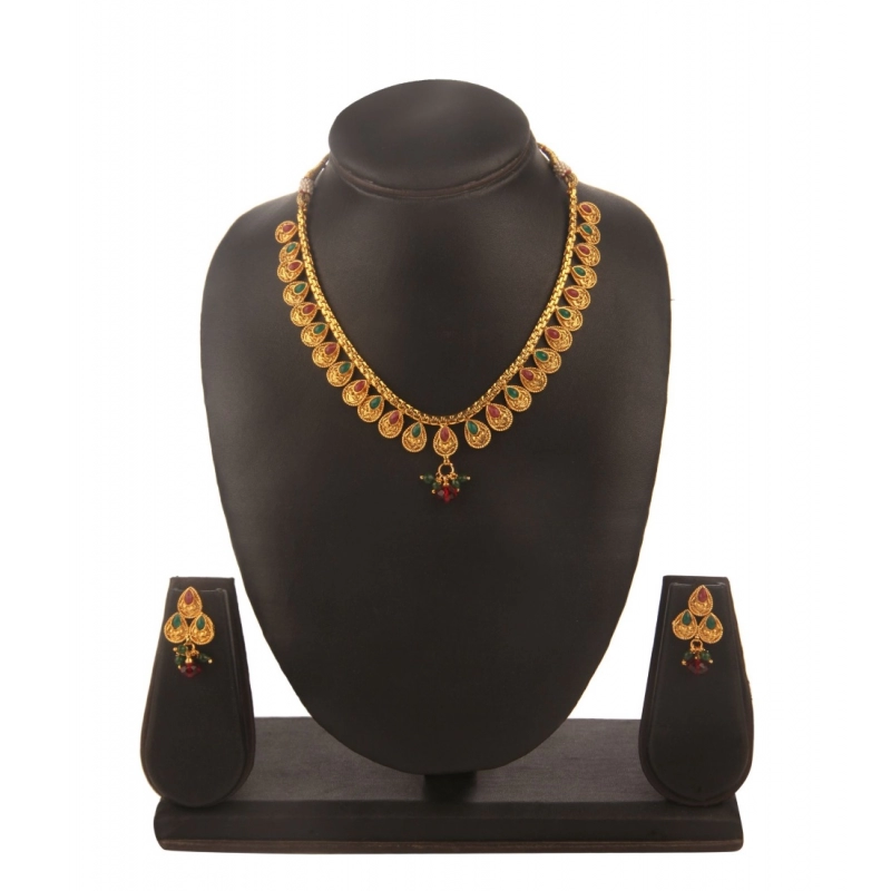 Generic Women's Rose Gold Plated Alloy Necklace &amp; Earings Set (Green &amp; Red)