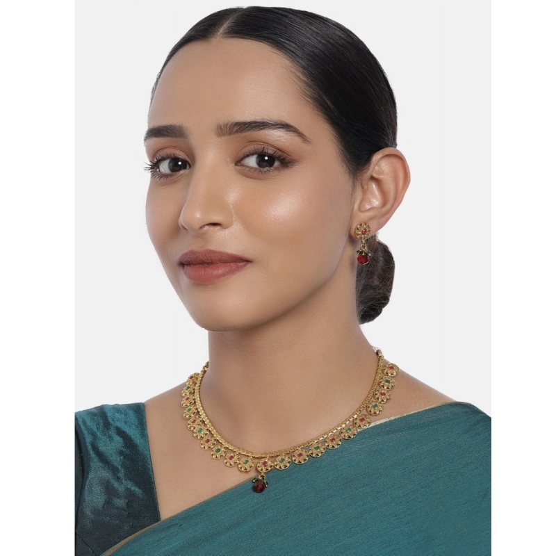 Generic Women's Rose Gold Plated Alloy Necklace &amp; Earings Set (Green &amp; Red)