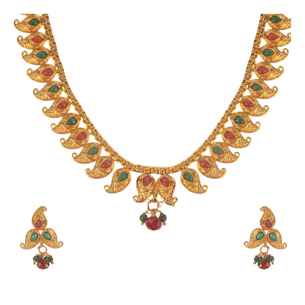 Women's Rose Gold Plated Alloy Necklace & Earings Set (Green & Red)