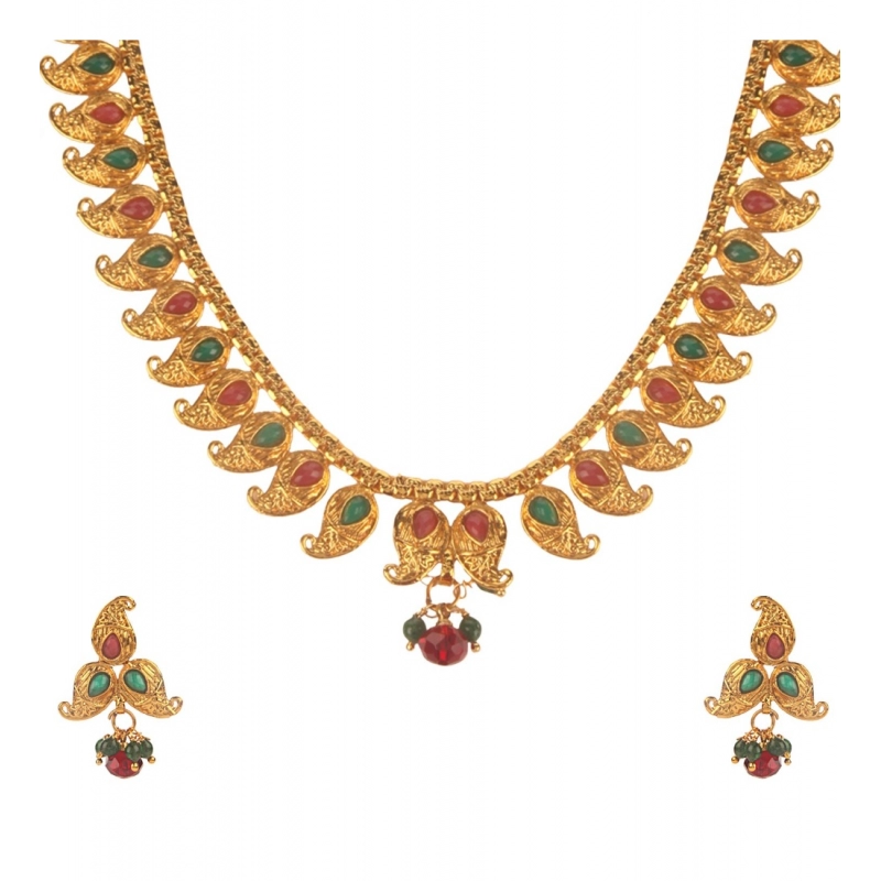 Generic Women's Rose Gold Plated Alloy Necklace &amp; Earings Set (Green &amp; Red)