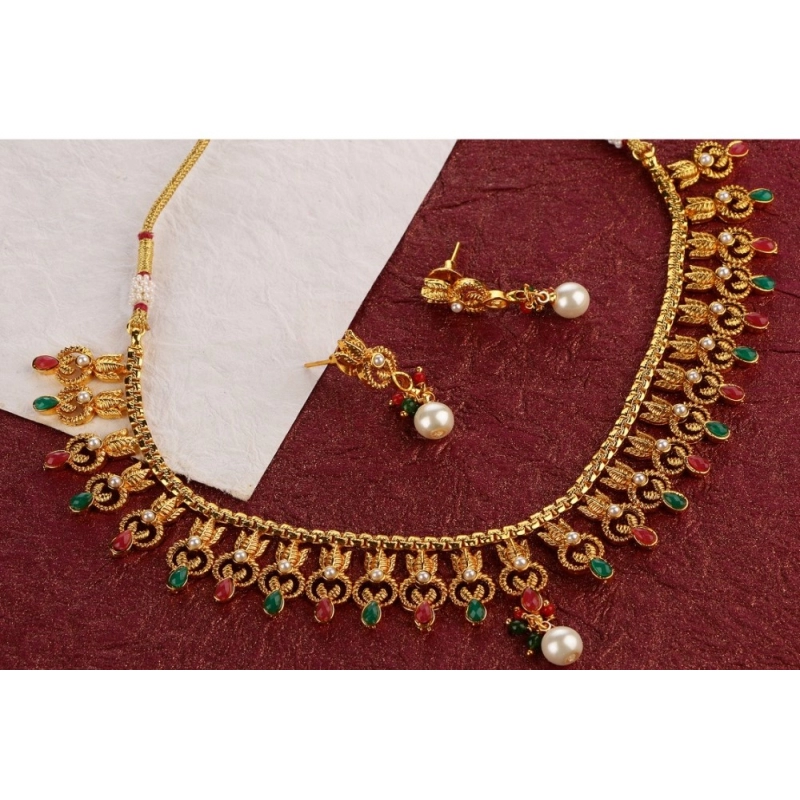Generic Women's Rose Gold Plated Alloy Necklace &amp; Earings Set (Green &amp; Red)