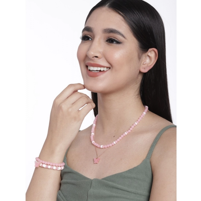 Generic Women's Rose Gold Plated Brass Pendant Chain With Beaded Bracelet (Pink)