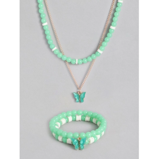 Generic Women's Rose Gold Plated Brass Pendant Chain With Beaded Bracelet (Light Green)