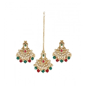 Generic Women's Rose Gold Plated Alloy Kundan Earrings &amp; Mangtikka (Red &amp; Green)