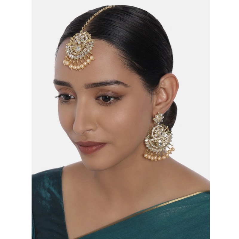 Generic Women's Rose Gold Plated Alloy Kundan Earrings &amp; Mangtikka (White)
