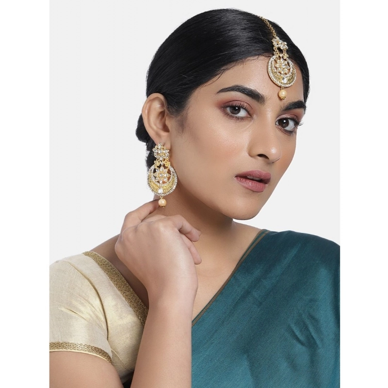 Generic Women's Rose Gold Plated Alloy Kundan Earrings &amp; Mangtikka (White)