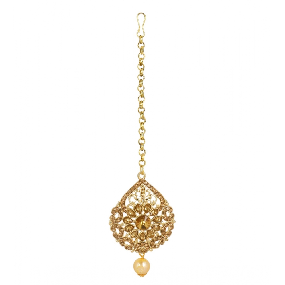 Women's Rose Gold Plated Alloy Kundan Earrings & Mangtikka (Gold)