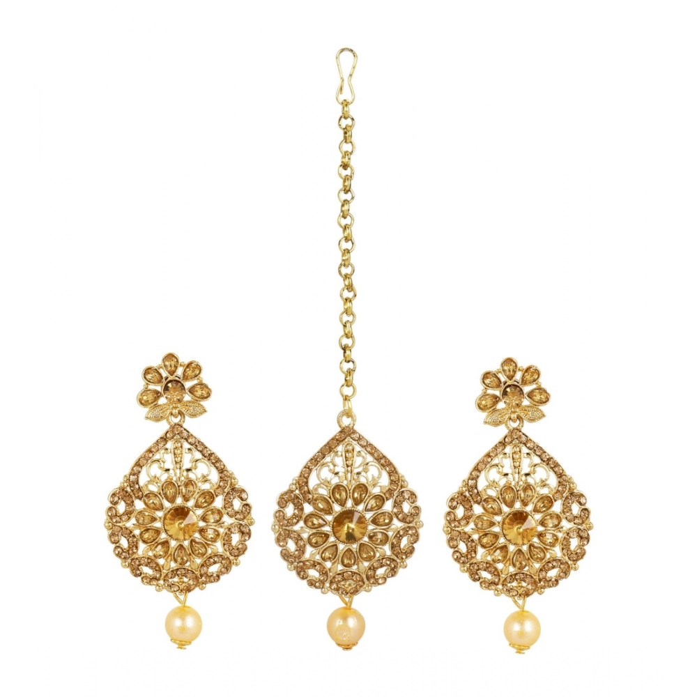 Women's Rose Gold Plated Alloy Kundan Earrings & Mangtikka (Gold)