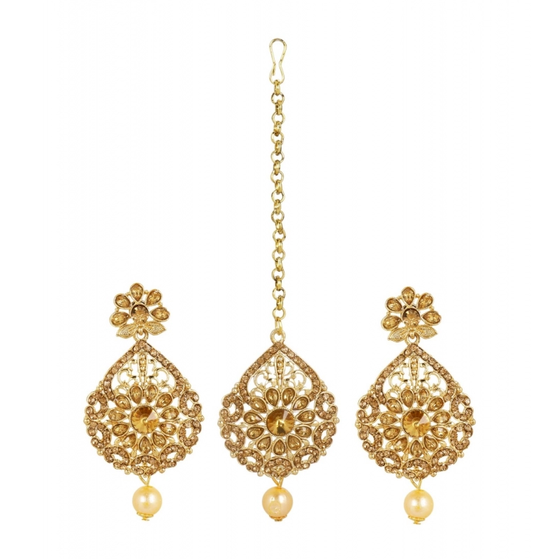Generic Women's Rose Gold Plated Alloy Kundan Earrings &amp; Mangtikka (Gold)