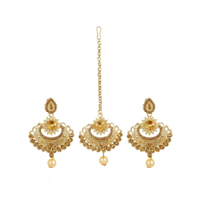 Generic Women's Rose Gold Plated Alloy Kundan Earrings &amp; Mangtikka (Gold)