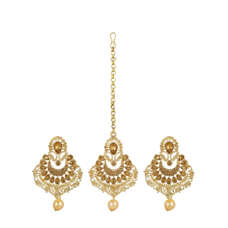 Generic Women's Rose Gold Plated Alloy Kundan Earrings &amp; Mangtikka (Gold)