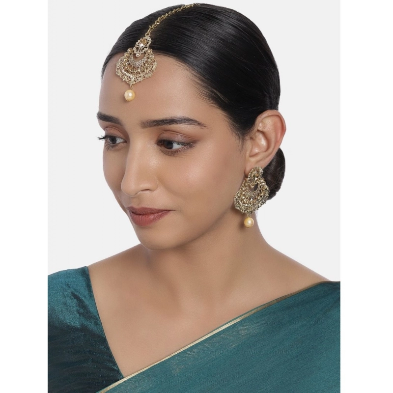 Generic Women's Rose Gold Plated Alloy Kundan Earrings &amp; Mangtikka (Gold)