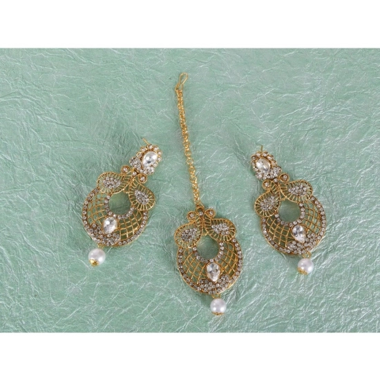 Generic Women's Rose Gold Plated Alloy Kundan Earrings &amp; Mangtikka (White)