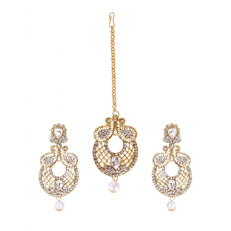 Generic Women's Rose Gold Plated Alloy Kundan Earrings & Mangtikka (White) Generic Women's Rose Gold Plated Alloy Kundan Earrings & Mangtikka (White)