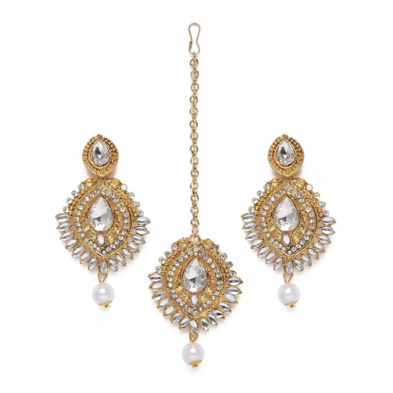 Generic Women's Rose Gold Plated Alloy Kundan Earrings &amp; Mangtikka (White)