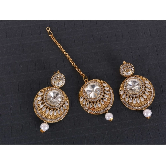 Generic Women's Rose Gold Plated Alloy Kundan Earrings & Mangtikka (White) Generic Women's Rose Gold Plated Alloy Kundan Earrings & Mangtikka (White)