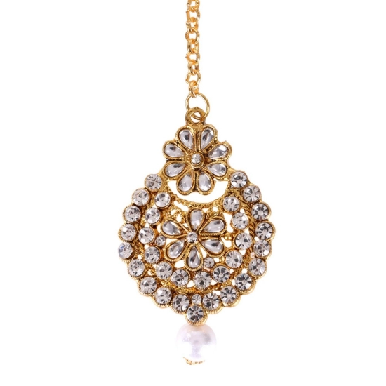 Generic Women's Rose Gold Plated Alloy Kundan Earrings & Mangtikka (White) Generic Women's Rose Gold Plated Alloy Kundan Earrings & Mangtikka (White)