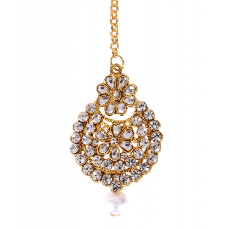 Generic Women's Rose Gold Plated Alloy Kundan Earrings &amp; Mangtikka (White)