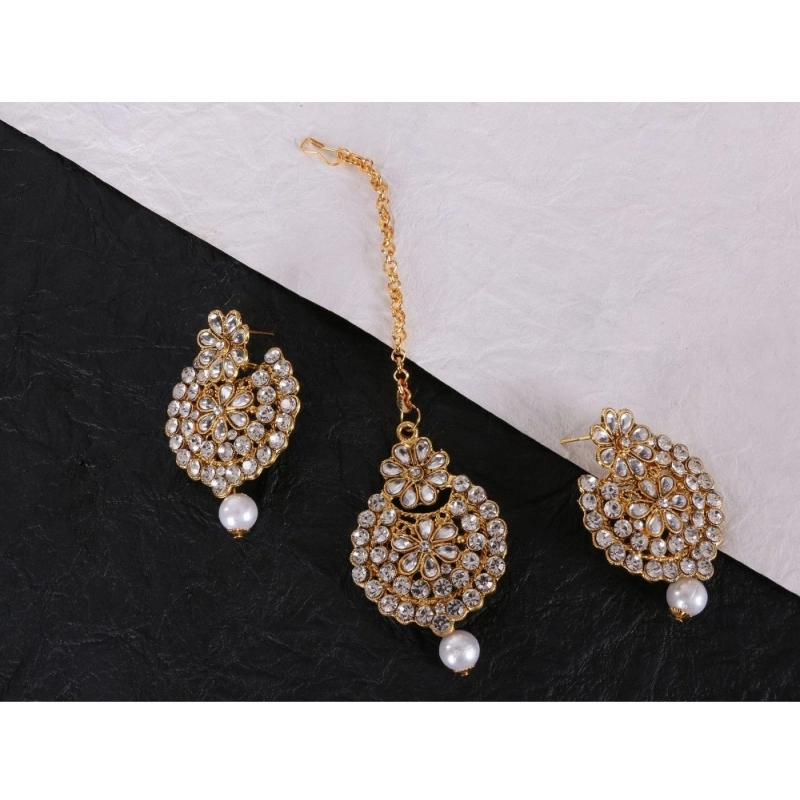 Generic Women's Rose Gold Plated Alloy Kundan Earrings &amp; Mangtikka (White)